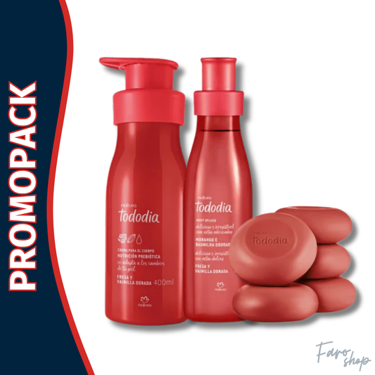 PROMOPACK CREMA CORPORAL TODODIA FRESA Y VAINILLA DORADA + COLONIA + JABONES EN BARRA