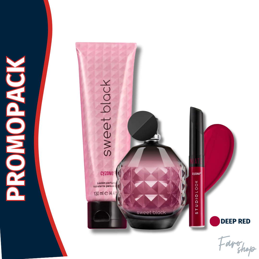 PROMOPACK PERFUME SWEET BLACK + CREMA PERFUMADA + LABIAL LÍQUIDO STUDIO LOOK DEEP RED