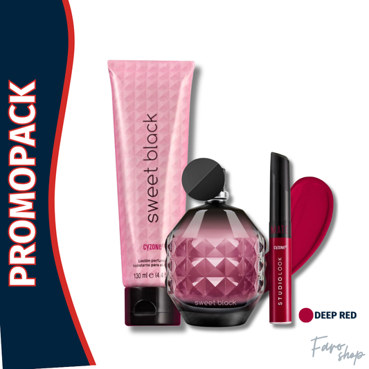 PROMOPACK PERFUME SWEET BLACK + CREMA PERFUMADA + LABIAL LÍQUIDO STUDIO LOOK DEEP RED