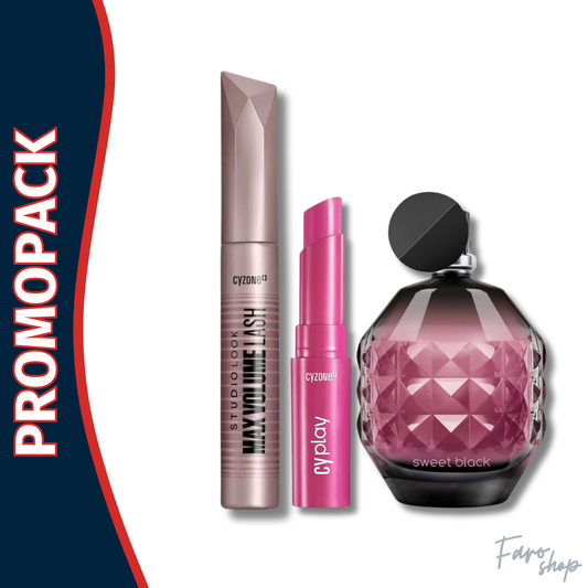 PROMOPACK PERFUME SWEET BLACK + PESTAÑINA MAX VOLUME LASH + LABIAL HIDRATANTE CYPLAY