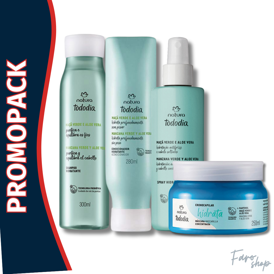 PROMOPACK SHAMPOO + ACONDICIONADOR + MASCARILLA + SPRAY - TODODIA HIDRATANTE MANZANA VERDE Y ALOE VERA