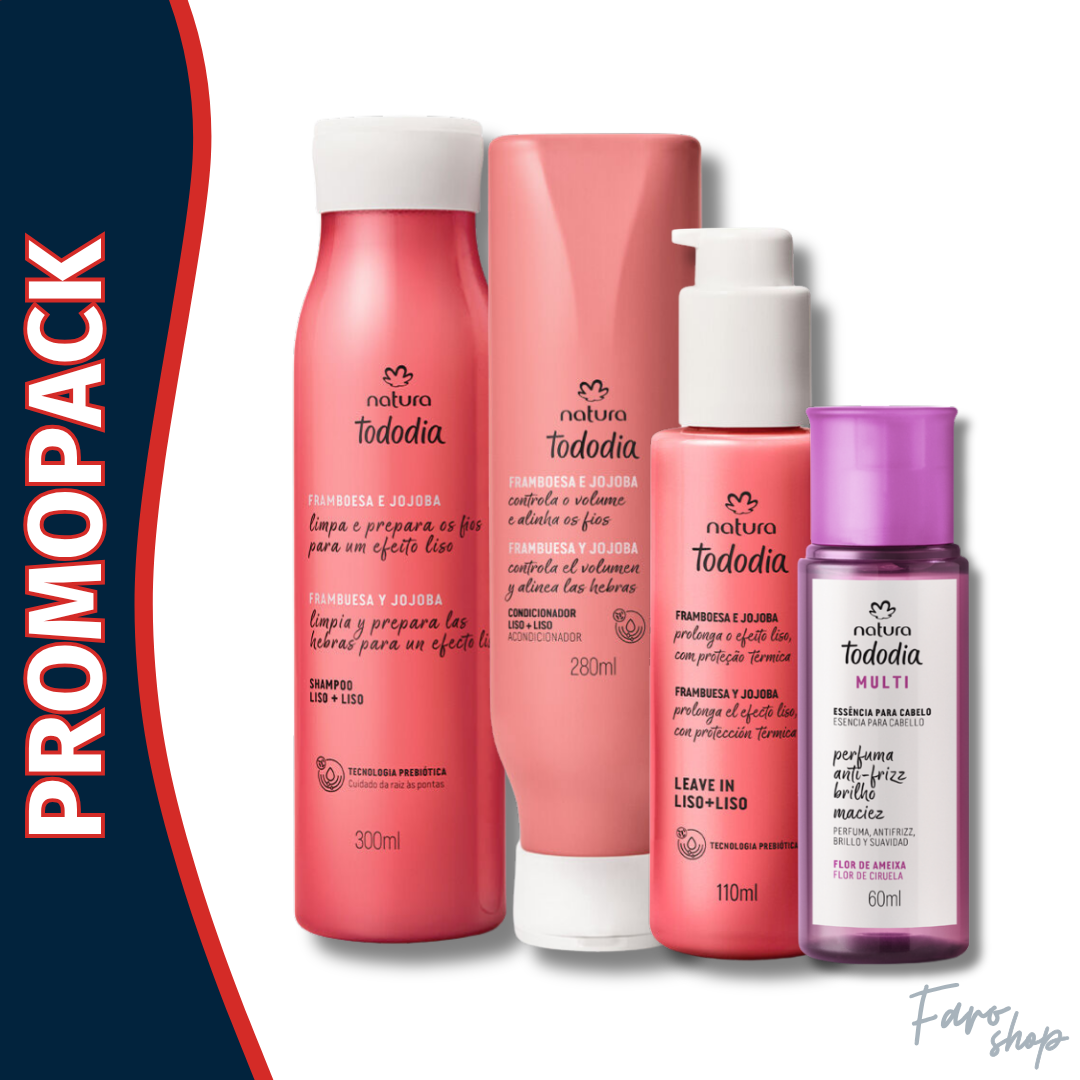 PROMOPACK SHAMPOO + ACONDICIONADOR + TRATAMIENTO + ESENCIA: TODODIA LISO + LISO FRAMBUESA Y JOJOBA